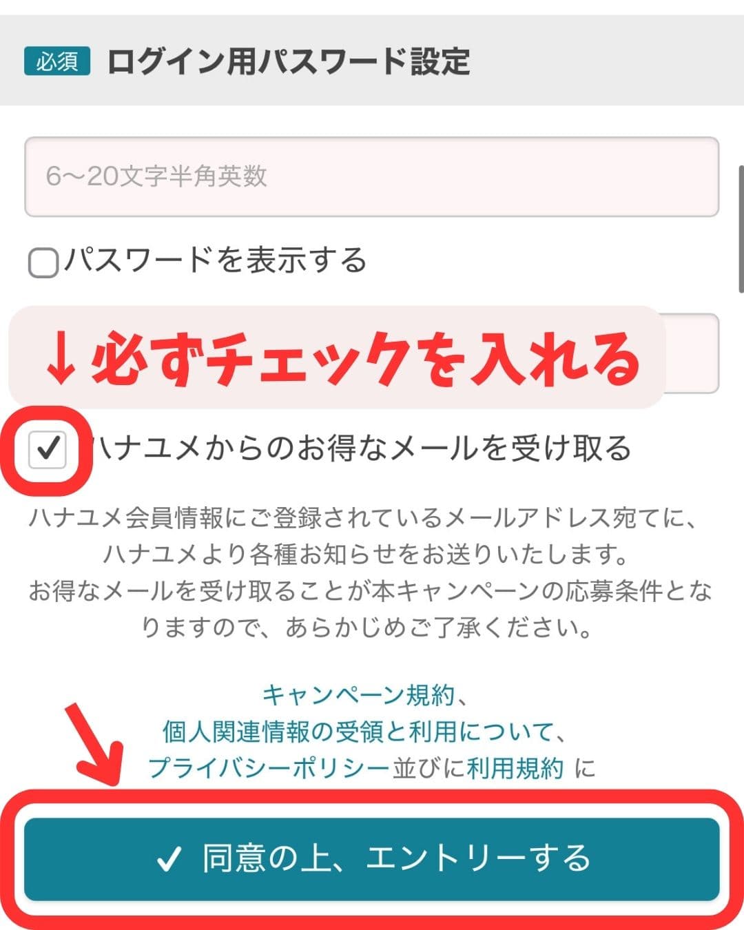 ハナユメ会員登録画面。メール配信に同意してエントリーするボタンを押す操作手順