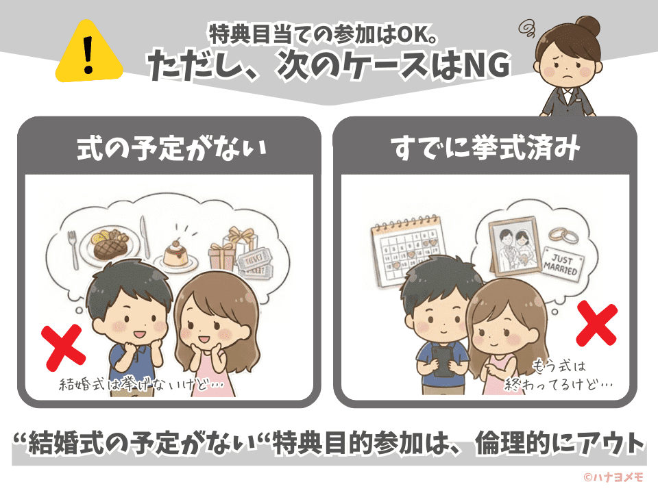 ブライダルフェア特典目当て参加のNGケースを示す図解。結婚式の予定がない特典目的参加と、すでに挙式済みでの特典参加は倫理的にアウトと解説しているイラスト