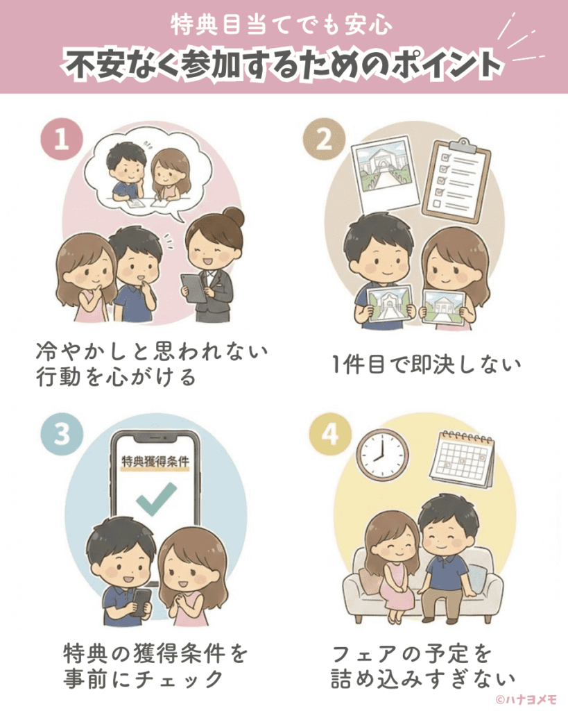 特典目当てでも安心して参加できるブライダルフェアの注意点4つ｜冷やかし回避・即決しない・条件確認・詰め込み過ぎ防止