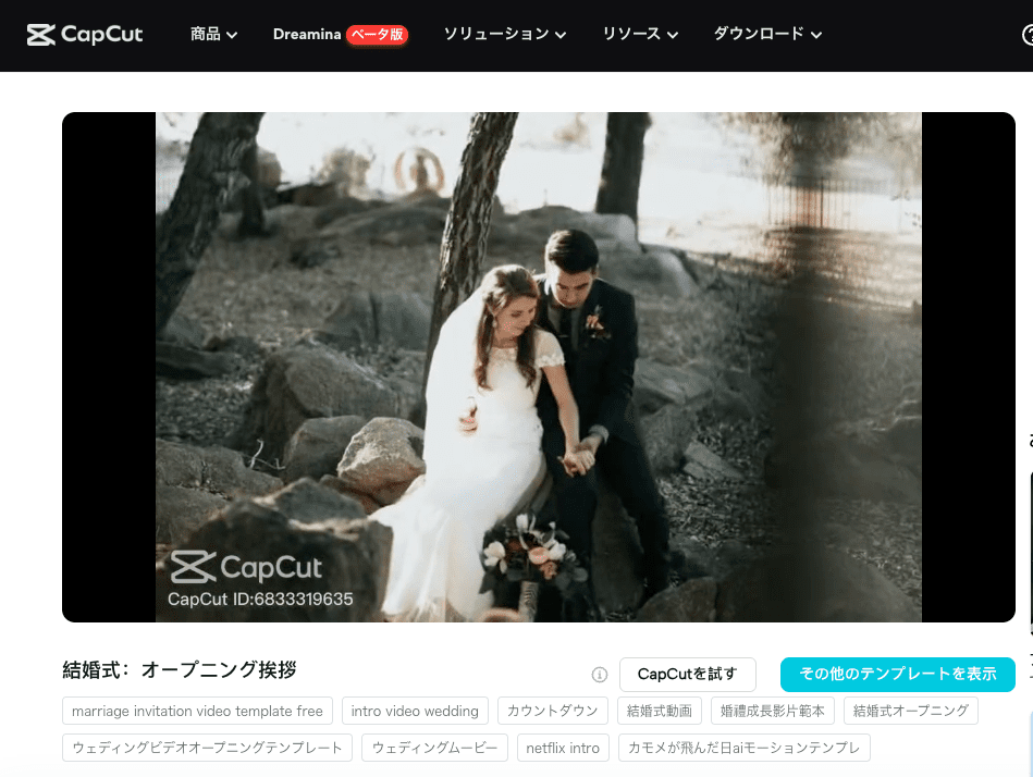 CapCutのオープニングムービーテンプレート編集画面