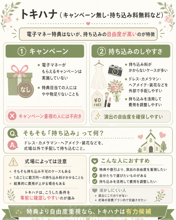 トキハナのキャンペーン有無と持ち込み料無料の特徴を、自由度や注意点とあわせて解説した図解