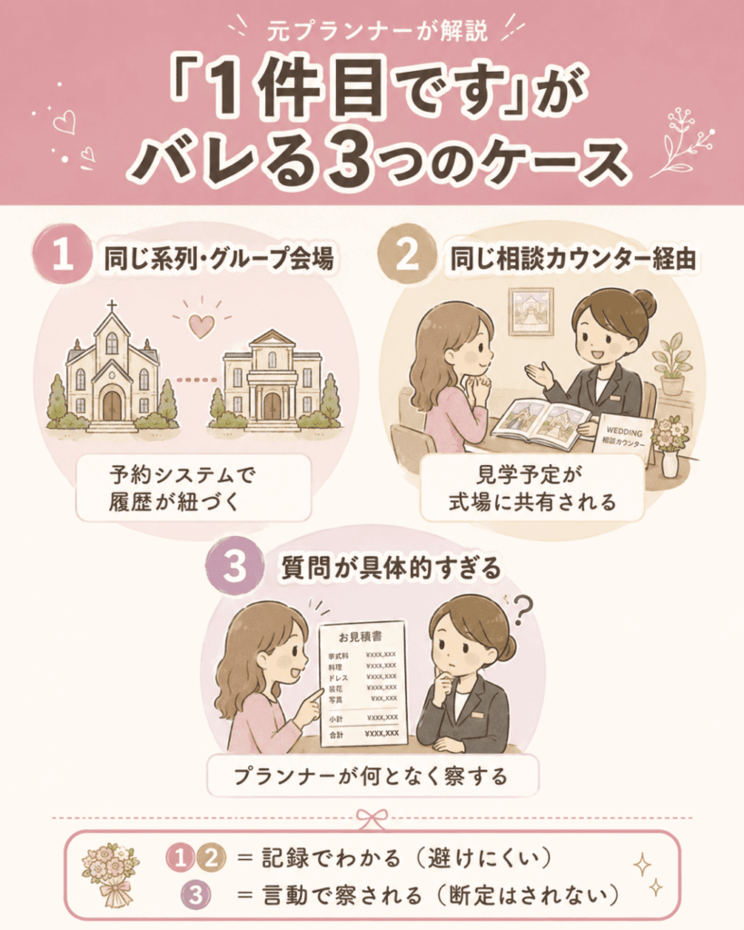 「1件目です」の嘘がバレる3つのケース。同じ系列・グループ会場と同じ相談カウンター経由は記録でわかり、質問が具体的すぎる場合は言動で察される