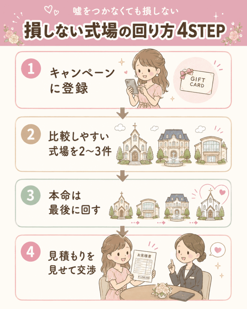 嘘をつかずに損しない式場の回り方4ステップ。キャンペーン登録、比較しやすい式場を2〜3件見学、本命は最後に回す、見積もりを見せて交渉