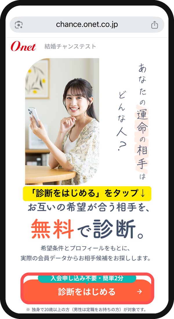 結婚チャンステストのトップ画面。「診断をはじめる」をタップする