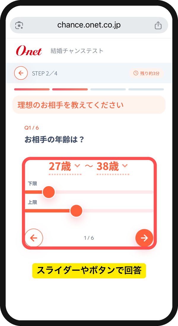 結婚チャンステストの質問画面（理想のお相手の年齢をスライダーで選択）