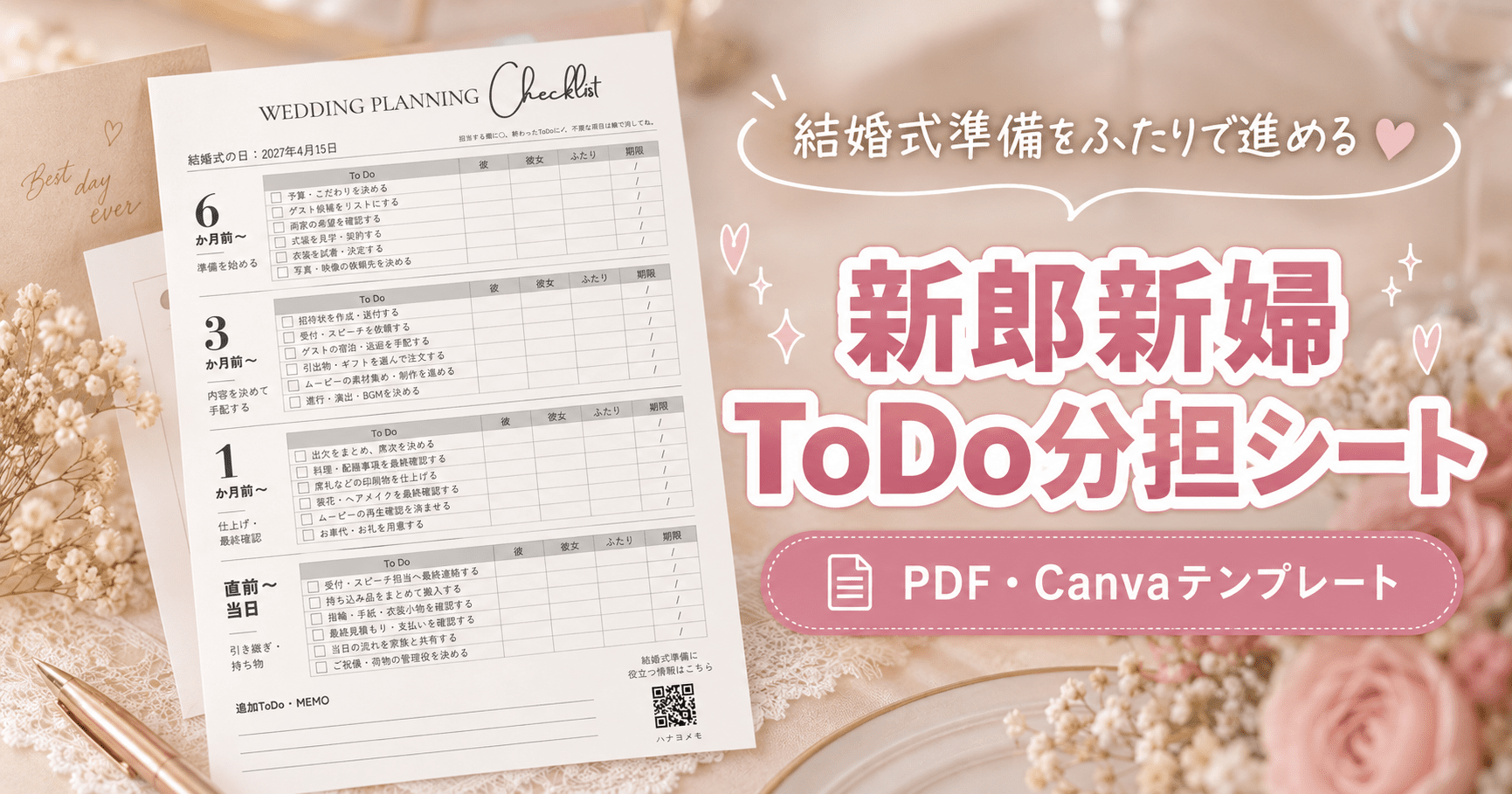 新郎新婦ToDo分担シートの見本と「結婚式準備をふたりで進める」「PDF・Canvaテンプレート」の案内