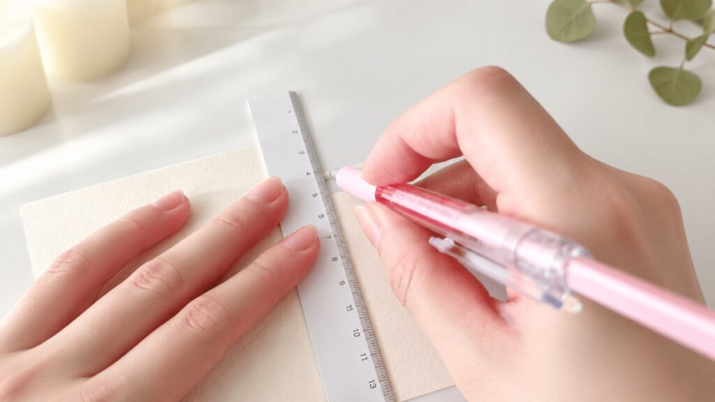 定規を当てて芯を出さないシャーペンで席札の用紙に折り筋をつけている手元