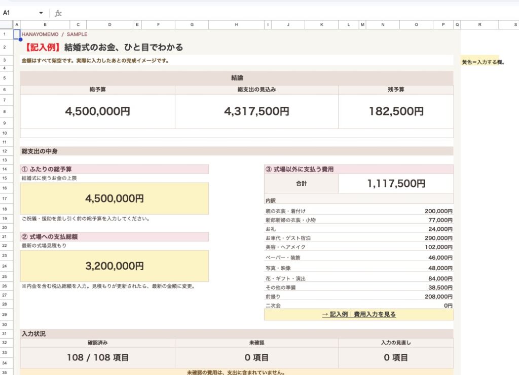 結婚式予算管理シートの記入例。総予算450万円・式場320万円・式場以外の費用111.75万円から、総支出と残予算が自動で表示される